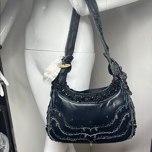 Mary Frances Charcoal Black Leather Beaded Zip Shoulder Bag